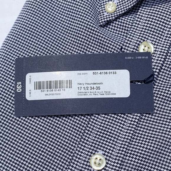 Stafford Men's Navy Houndstooth Checkered Long-Sleeved Dress Shirt 17 1/2 34-35 - Picture 3 of 3